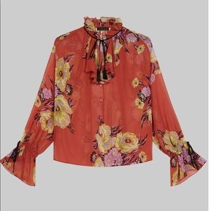 Etro Luxury Jacquard Shirt With Ruffles Milan beautiful blouse %100Silk size 14